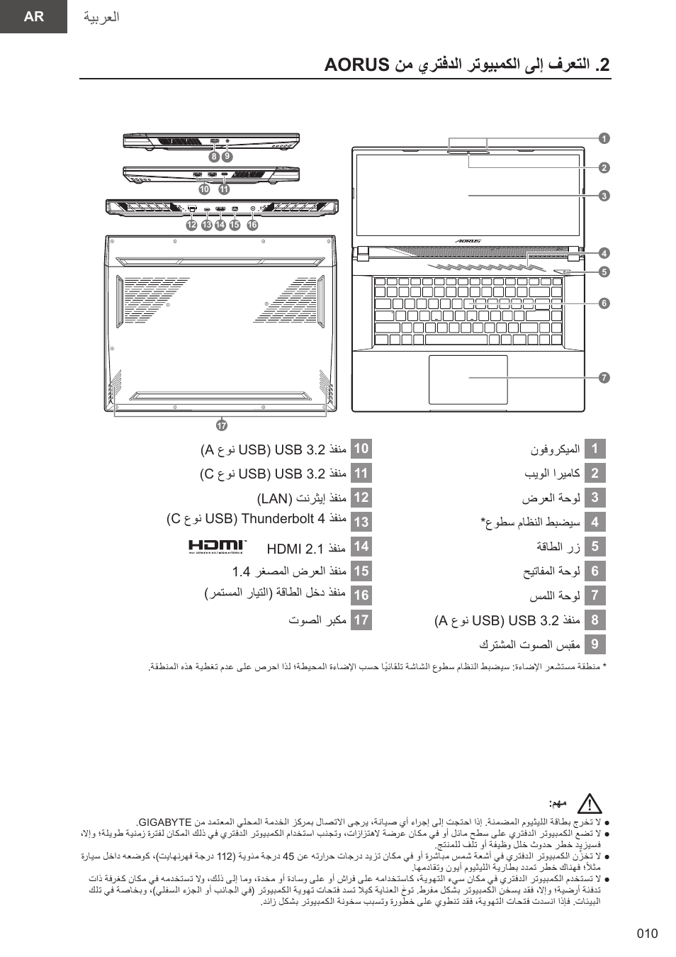 Aorus نم يرتفدلا رتويبمكلا ىلإ فرعتلا . 2, ةيبرعلا | GIGABYTE 15.6" AORUS 15 Gaming Notebook (Black) User Manual | Page 10 / 154