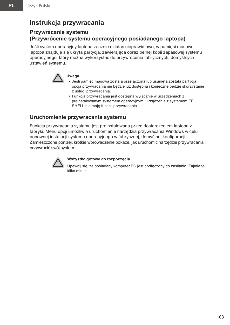 Instrukcja przywracania, Uruchomienie przywracania systemu | GIGABYTE 15.6" AORUS 15 Gaming Notebook (Black) User Manual | Page 103 / 154