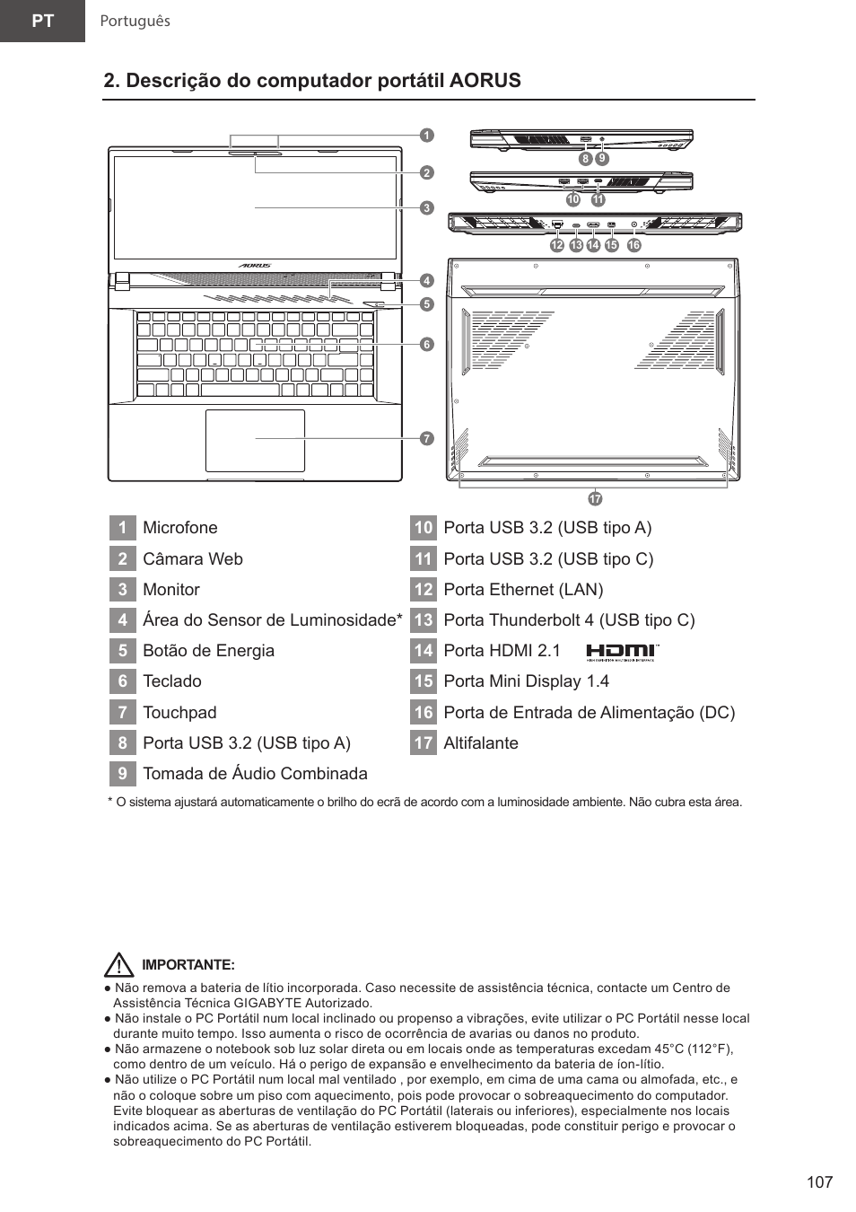 Descrição do computador portátil aorus | GIGABYTE 15.6" AORUS 15 Gaming Notebook (Black) User Manual | Page 107 / 154