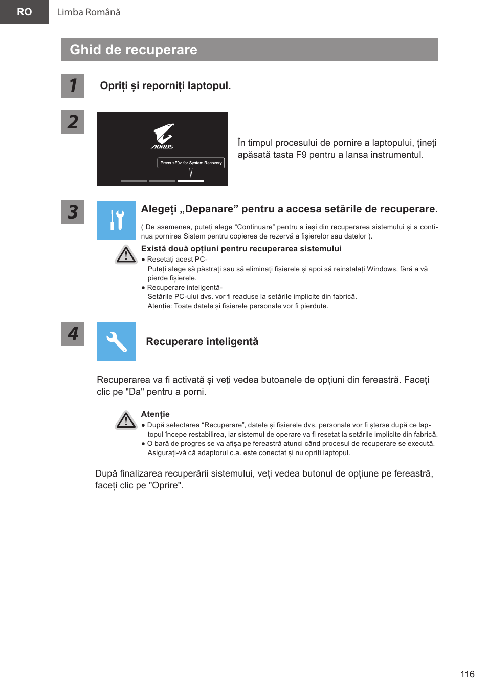 Ghid de recuperare | GIGABYTE 15.6" AORUS 15 Gaming Notebook (Black) User Manual | Page 116 / 154