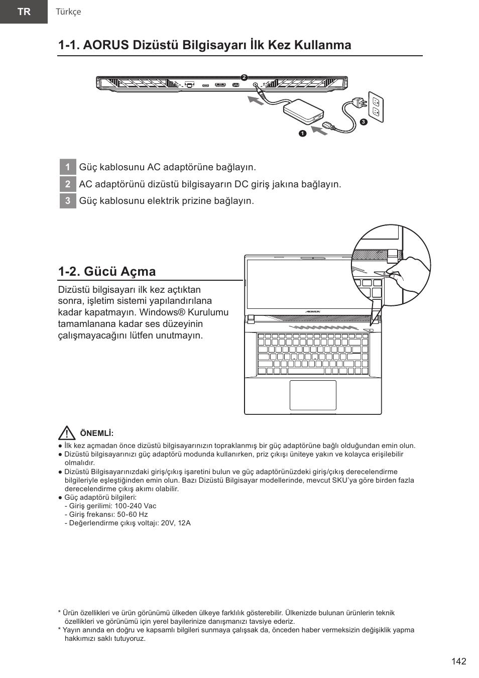 24_aorus 15(x5lbvf)_e-manual_tr_v1.0, 1. aorus dizüstü bilgisayarı i̇lk kez kullanma, 2. gücü açma | GIGABYTE 15.6" AORUS 15 Gaming Notebook (Black) User Manual | Page 142 / 154