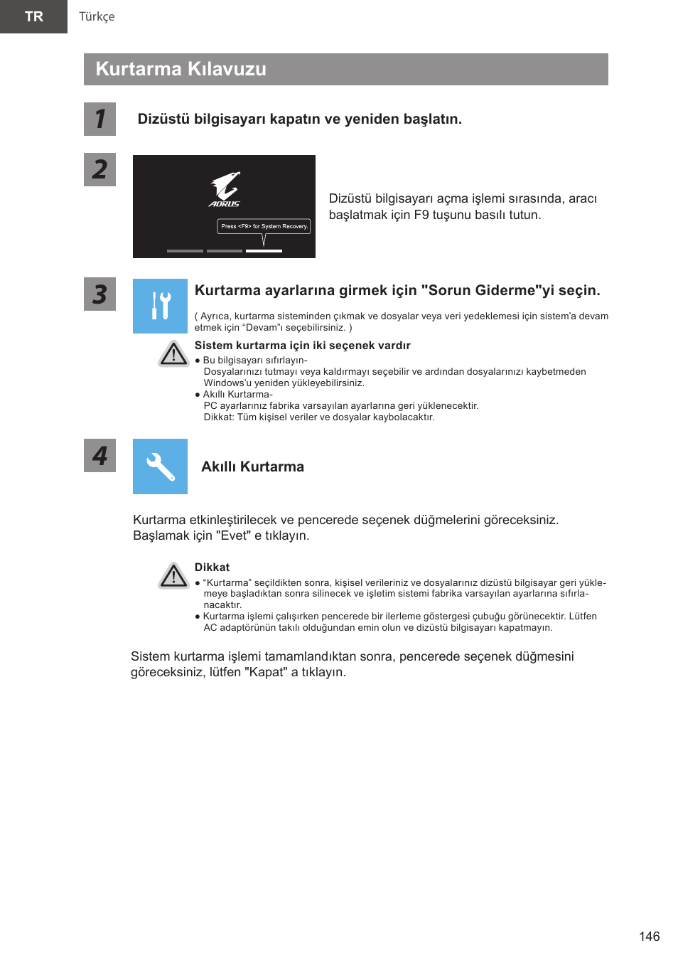 Kurtarma kılavuzu | GIGABYTE 15.6" AORUS 15 Gaming Notebook (Black) User Manual | Page 146 / 154