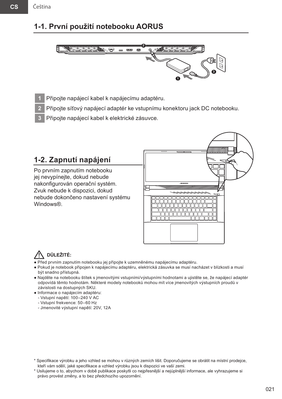 04_aorus 15(x5lbvf)_e-manual_cs_v1.0, 2. zapnutí napájení | GIGABYTE 15.6" AORUS 15 Gaming Notebook (Black) User Manual | Page 21 / 154