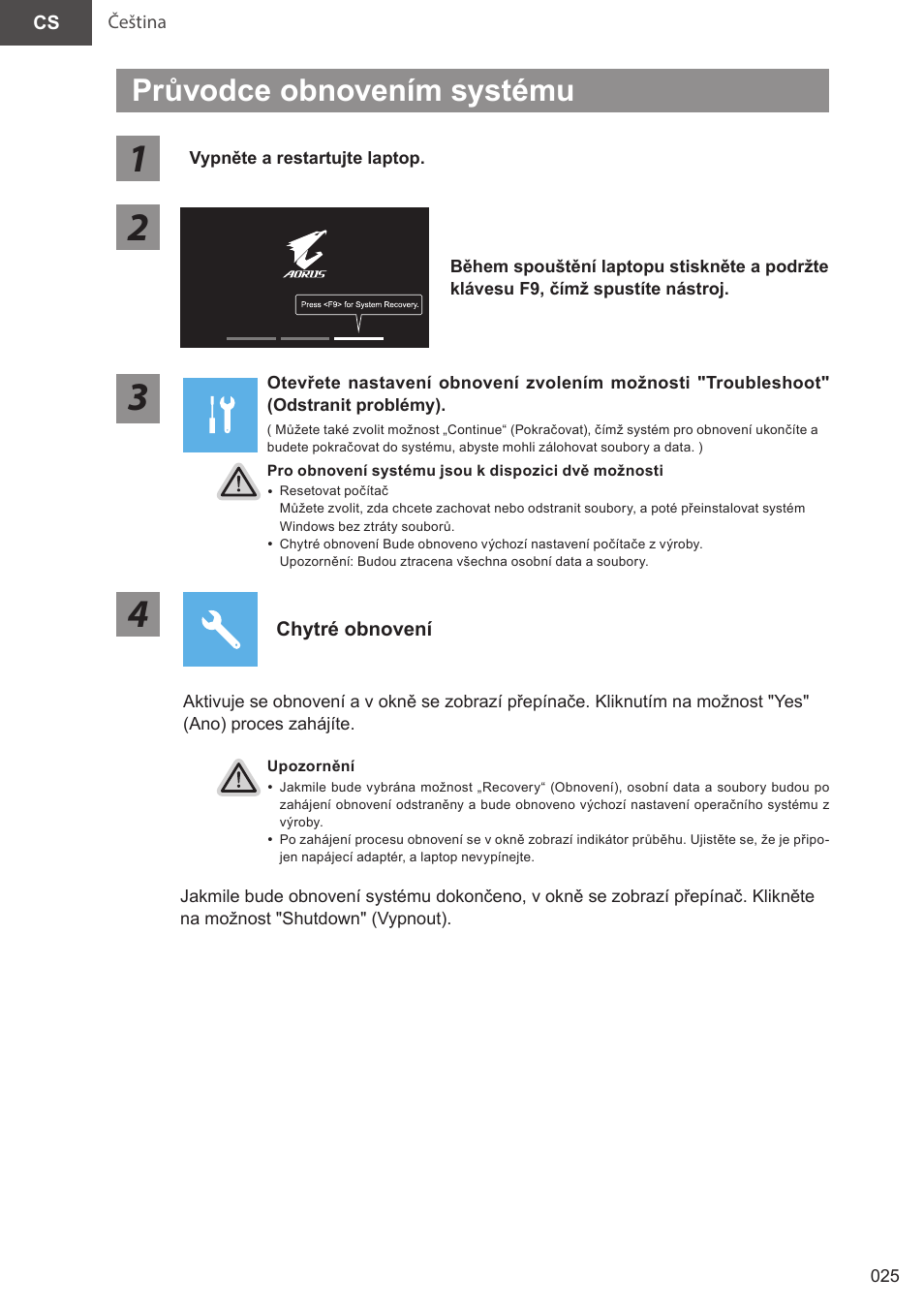 Průvodce obnovením systému | GIGABYTE 15.6" AORUS 15 Gaming Notebook (Black) User Manual | Page 25 / 154