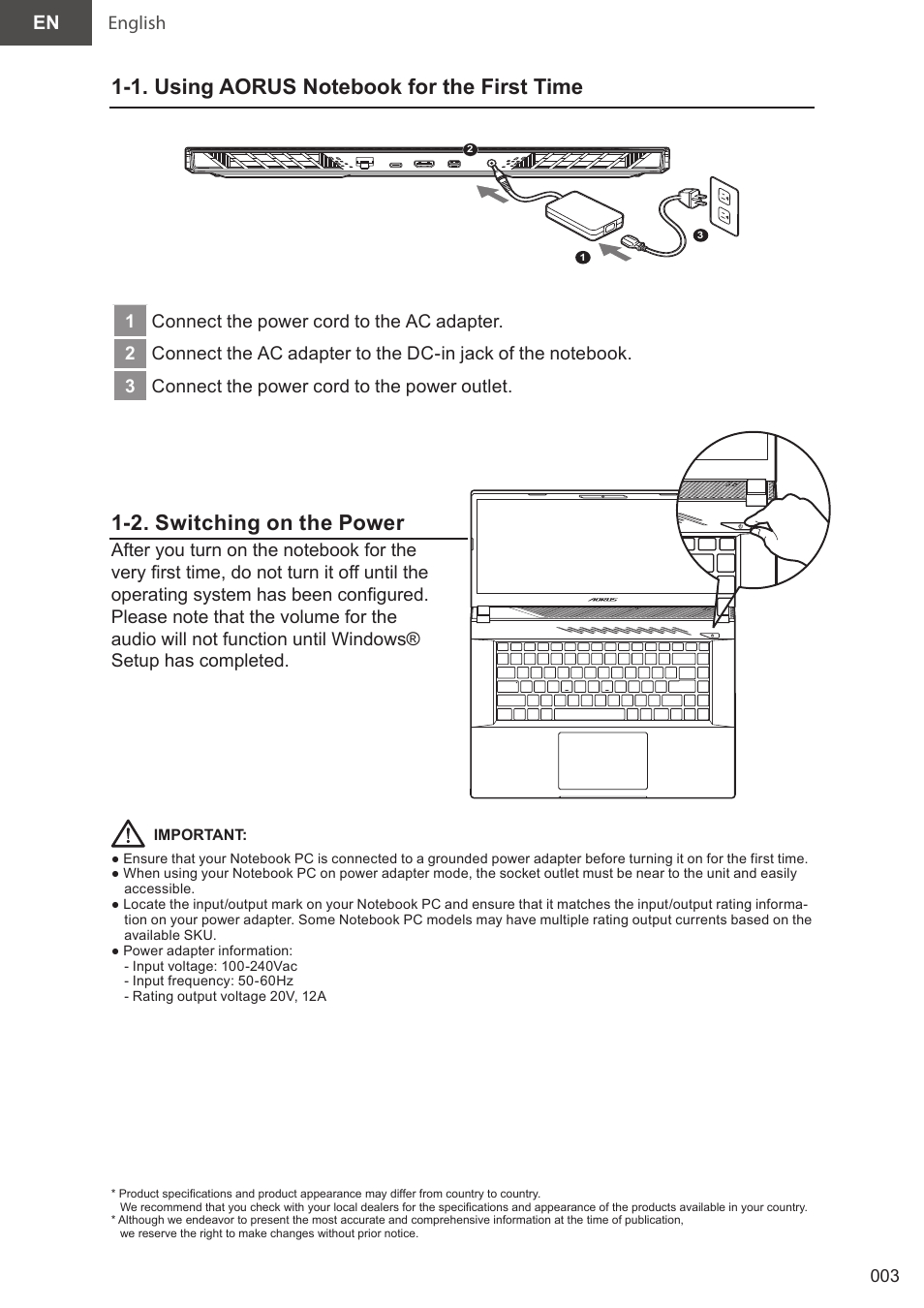 01_aorus 15(x5lbvf)_e-manual_en_v1.0, 2. switching on the power | GIGABYTE 15.6" AORUS 15 Gaming Notebook (Black) User Manual | Page 3 / 154