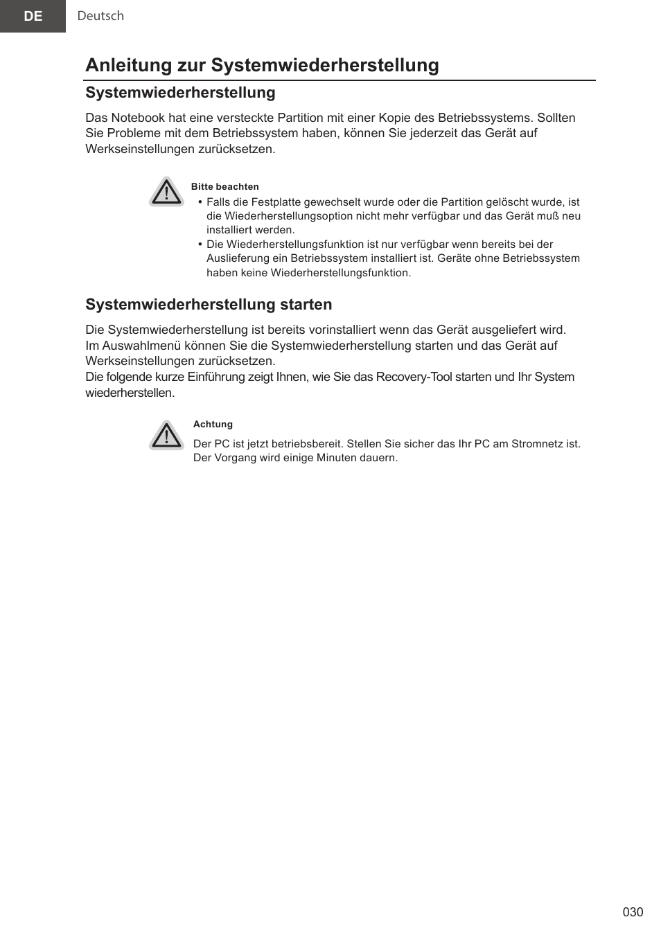 Anleitung zur systemwiederherstellung, Systemwiederherstellung, Systemwiederherstellung starten | GIGABYTE 15.6" AORUS 15 Gaming Notebook (Black) User Manual | Page 30 / 154