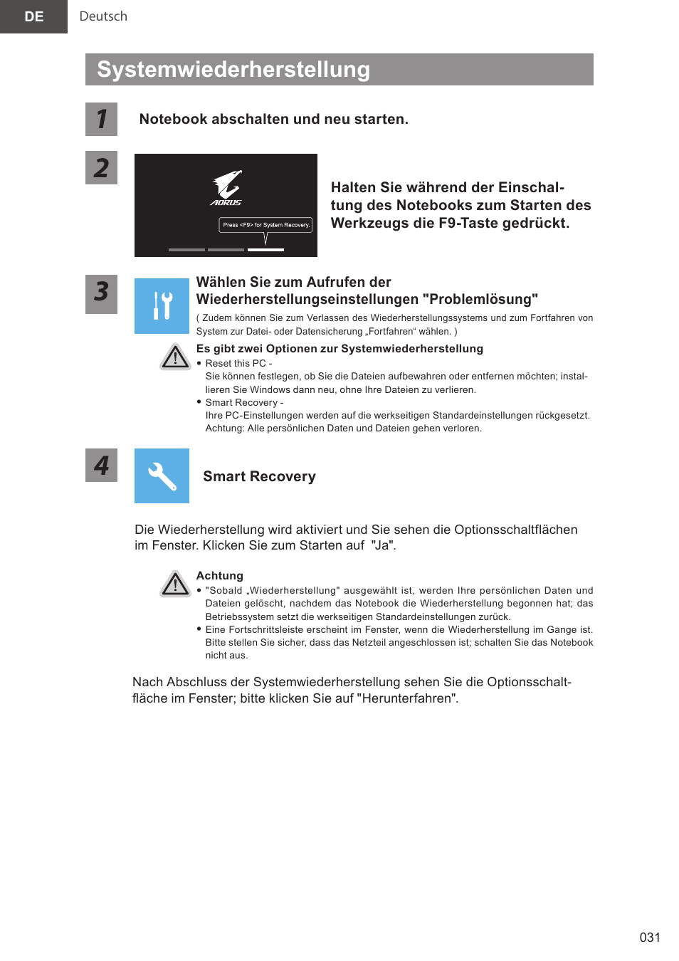 Systemwiederherstellung | GIGABYTE 15.6" AORUS 15 Gaming Notebook (Black) User Manual | Page 31 / 154