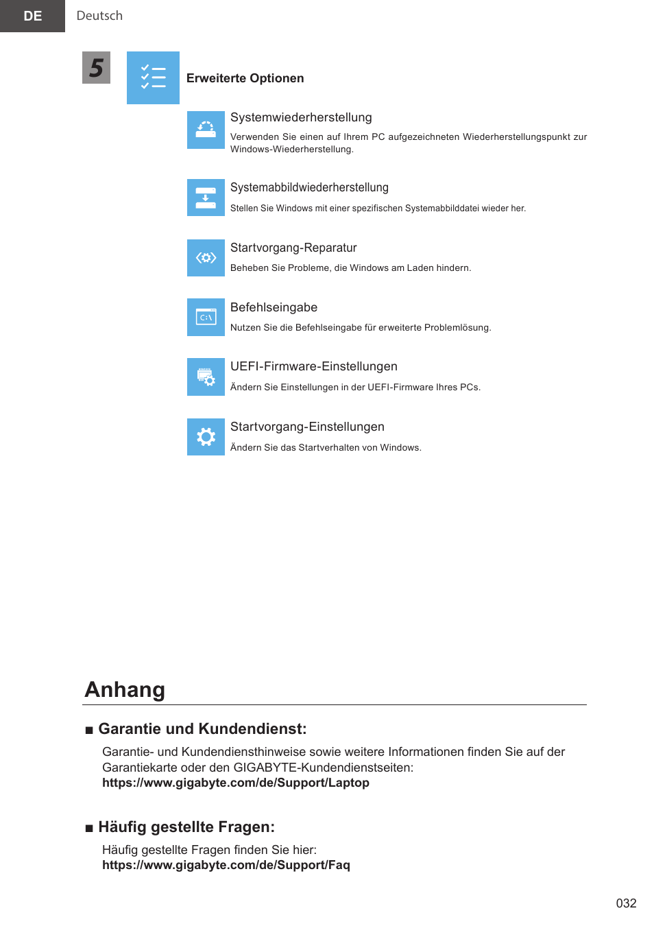 Anhang, Garantie und kundendienst, Häufig gestellte fragen | GIGABYTE 15.6" AORUS 15 Gaming Notebook (Black) User Manual | Page 32 / 154