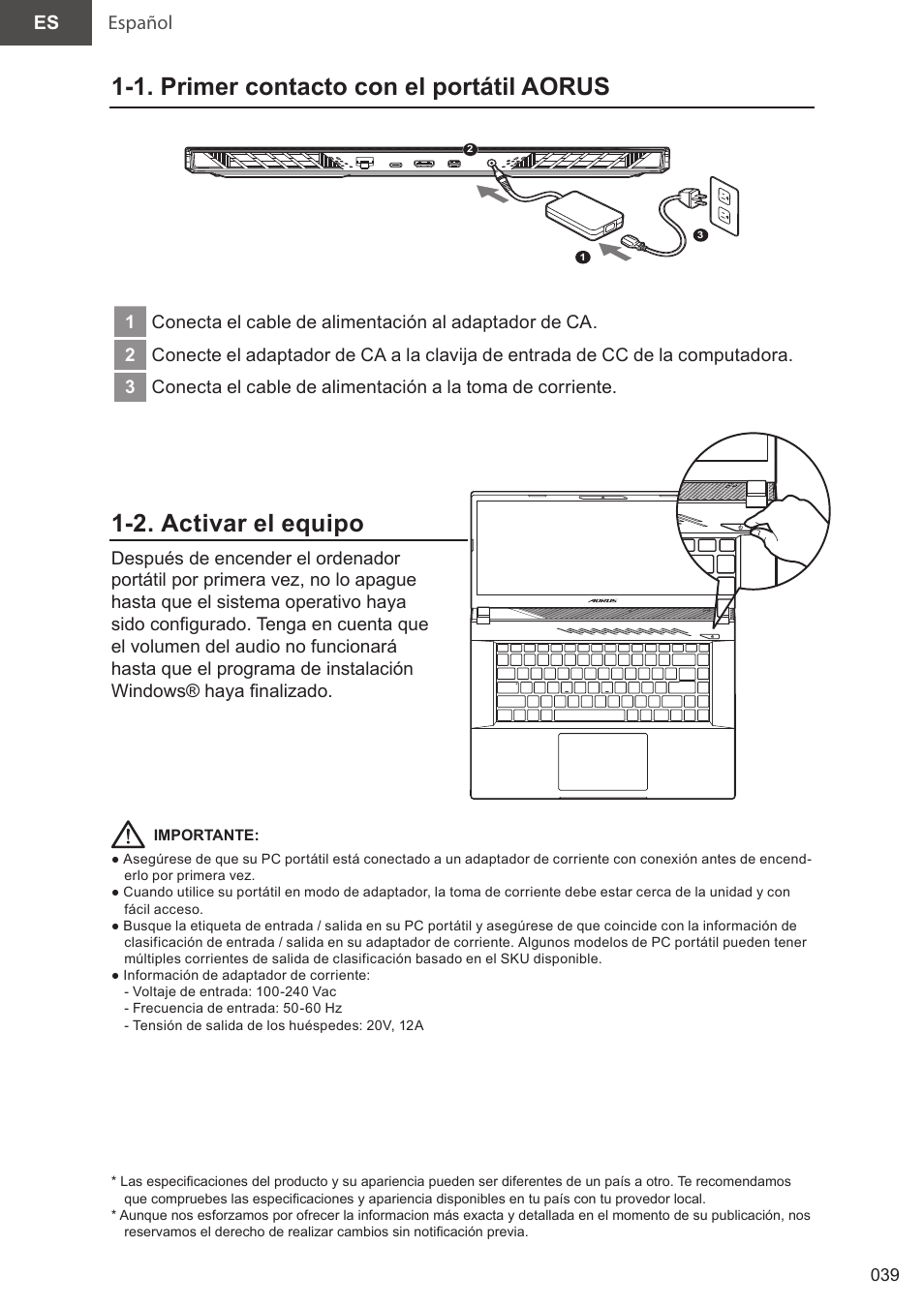 07_aorus 15(x5lbvf)_e-manual_es_v1.0, 1. primer contacto con el portátil aorus, 2. activar el equipo | Español | GIGABYTE 15.6" AORUS 15 Gaming Notebook (Black) User Manual | Page 39 / 154