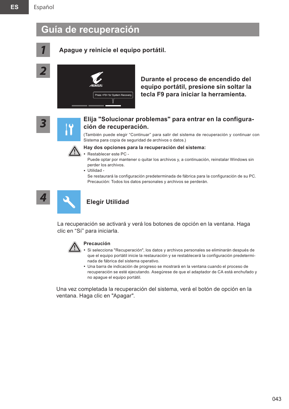 Guía de recuperación | GIGABYTE 15.6" AORUS 15 Gaming Notebook (Black) User Manual | Page 43 / 154