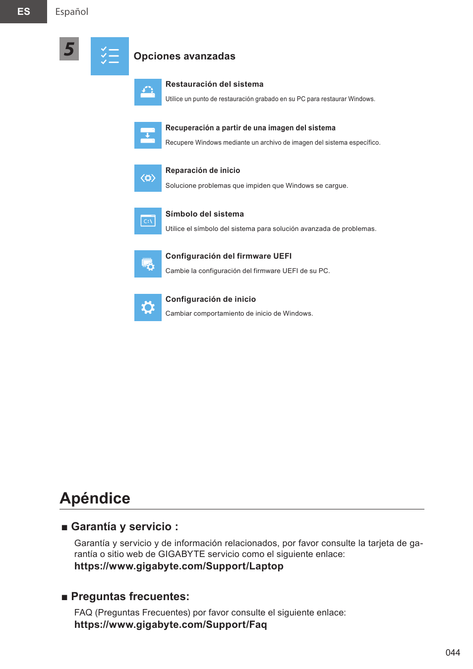 Apéndice, Garantía y servicio, Preguntas frecuentes | GIGABYTE 15.6" AORUS 15 Gaming Notebook (Black) User Manual | Page 44 / 154