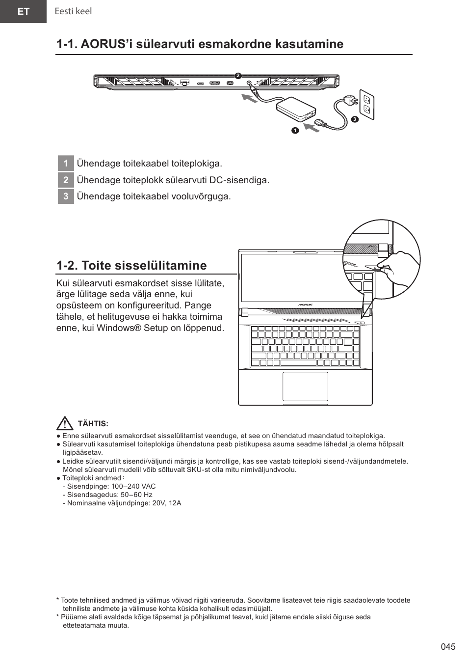08_aorus 15(x5lbvf)_e-manual_et_v1.0, 1. aorus’i sülearvuti esmakordne kasutamine, 2. toite sisselülitamine | GIGABYTE 15.6" AORUS 15 Gaming Notebook (Black) User Manual | Page 45 / 154