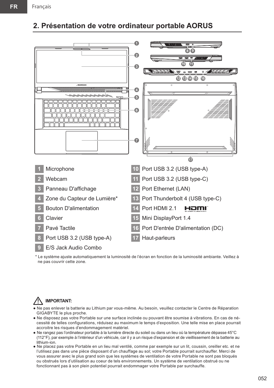 Présentation de votre ordinateur portable aorus | GIGABYTE 15.6" AORUS 15 Gaming Notebook (Black) User Manual | Page 52 / 154