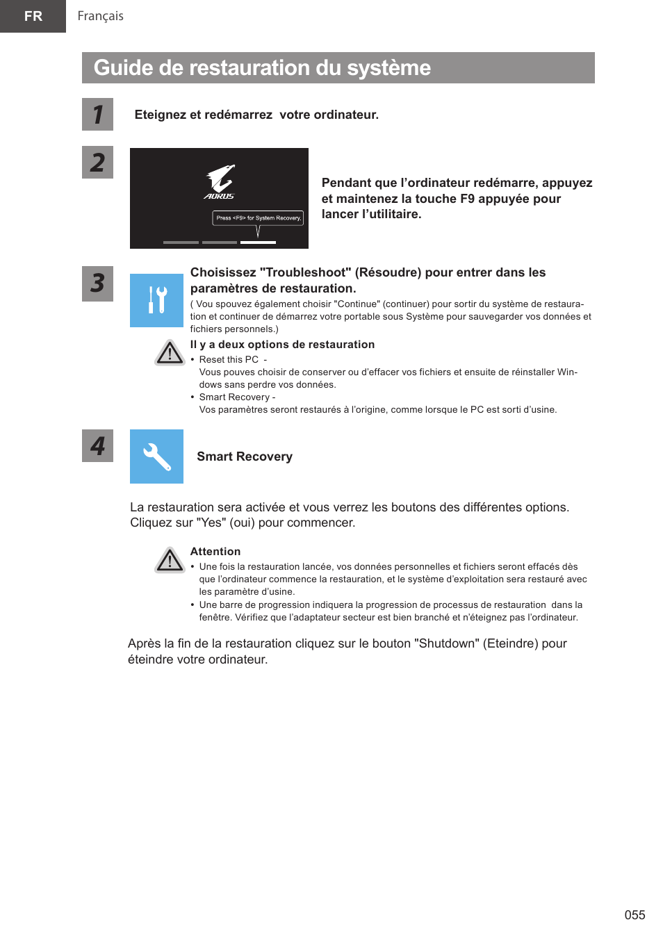 Guide de restauration du système | GIGABYTE 15.6" AORUS 15 Gaming Notebook (Black) User Manual | Page 55 / 154