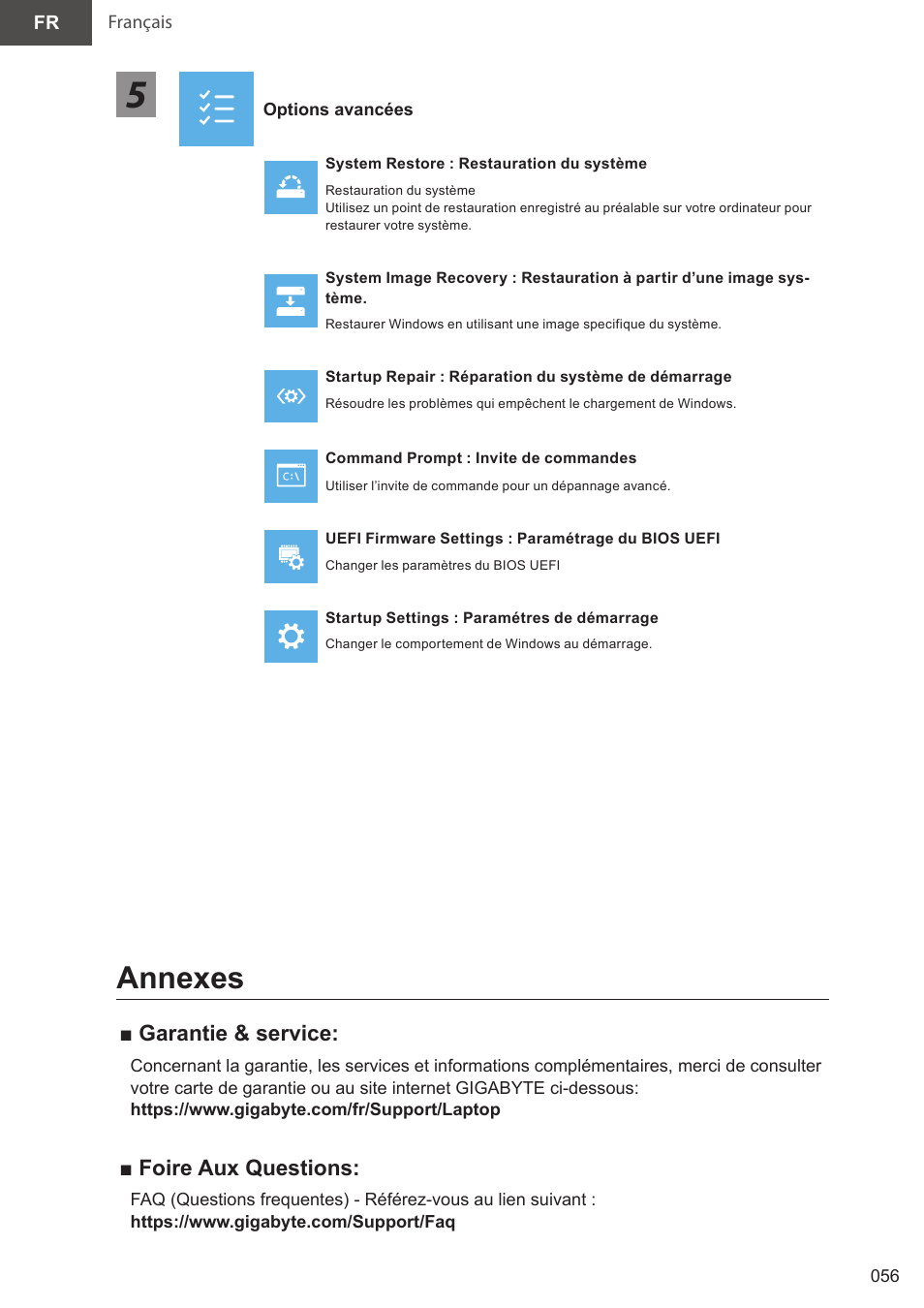 Annexes, Garantie & service, Foire aux questions | GIGABYTE 15.6" AORUS 15 Gaming Notebook (Black) User Manual | Page 56 / 154