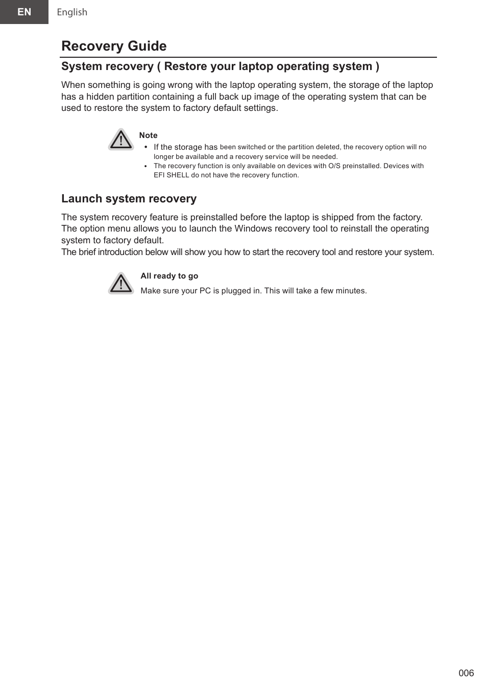 Recovery guide, Launch system recovery | GIGABYTE 15.6" AORUS 15 Gaming Notebook (Black) User Manual | Page 6 / 154