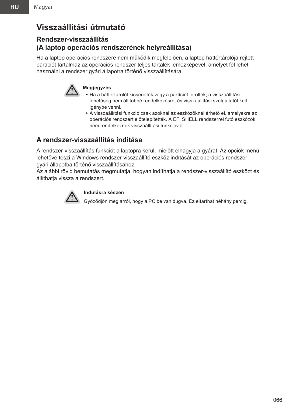 Visszaállítási útmutató, A rendszer-visszaállítás indítása | GIGABYTE 15.6" AORUS 15 Gaming Notebook (Black) User Manual | Page 66 / 154