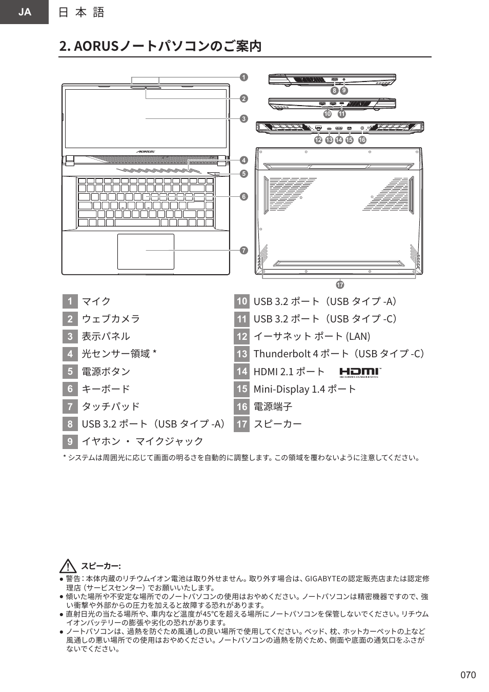 Aorusノートパソコンのご案内, 日 本 語 | GIGABYTE 15.6" AORUS 15 Gaming Notebook (Black) User Manual | Page 70 / 154