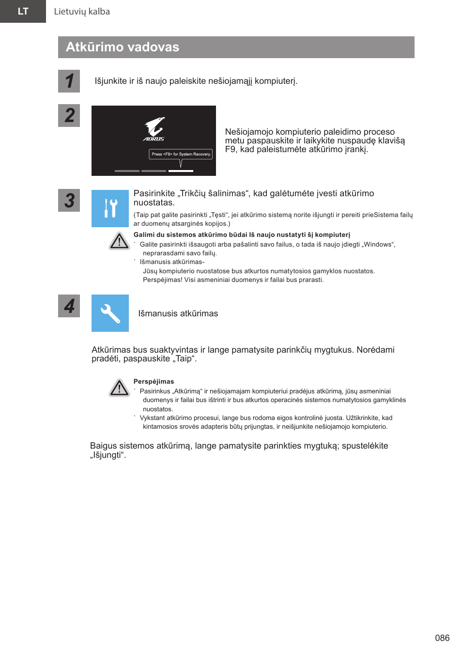 Atkūrimo vadovas | GIGABYTE 15.6" AORUS 15 Gaming Notebook (Black) User Manual | Page 86 / 154