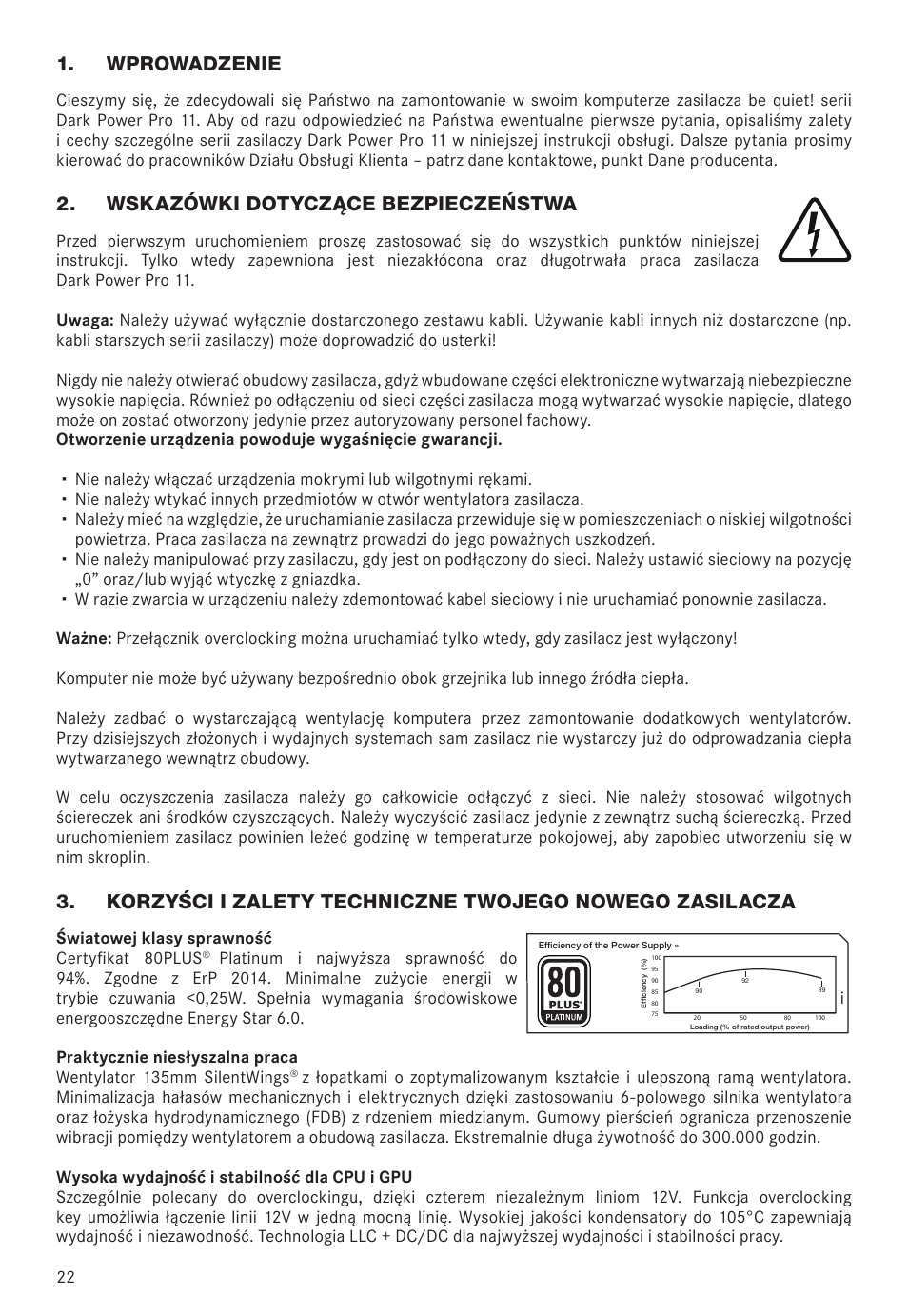 Wprowadzenie, Wskazówki dotyczące bezpieczeństwa | be quiet! Dark Power Pro 11 650W 80 Plus Platinum Modular Power Supply User Manual | Page 22 / 48