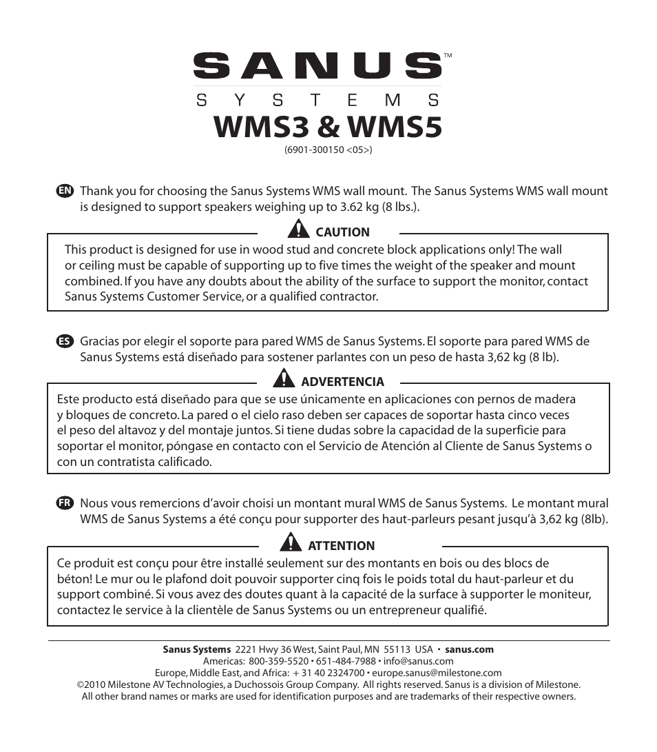 SANUS WMS3B Wall/Ceiling Mount Bracket for Satellite Speakers (Pair, Black) User Manual | 12 pages