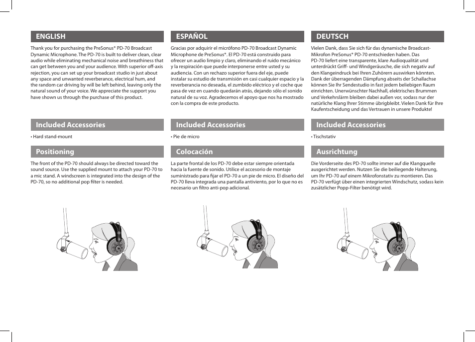 English, Included accessories, Positioning | Español, Colocación, Deutsch, Ausrichtung | PreSonus PD-70 Dynamic Cardioid Broadcast Microphone User Manual | Page 2 / 2