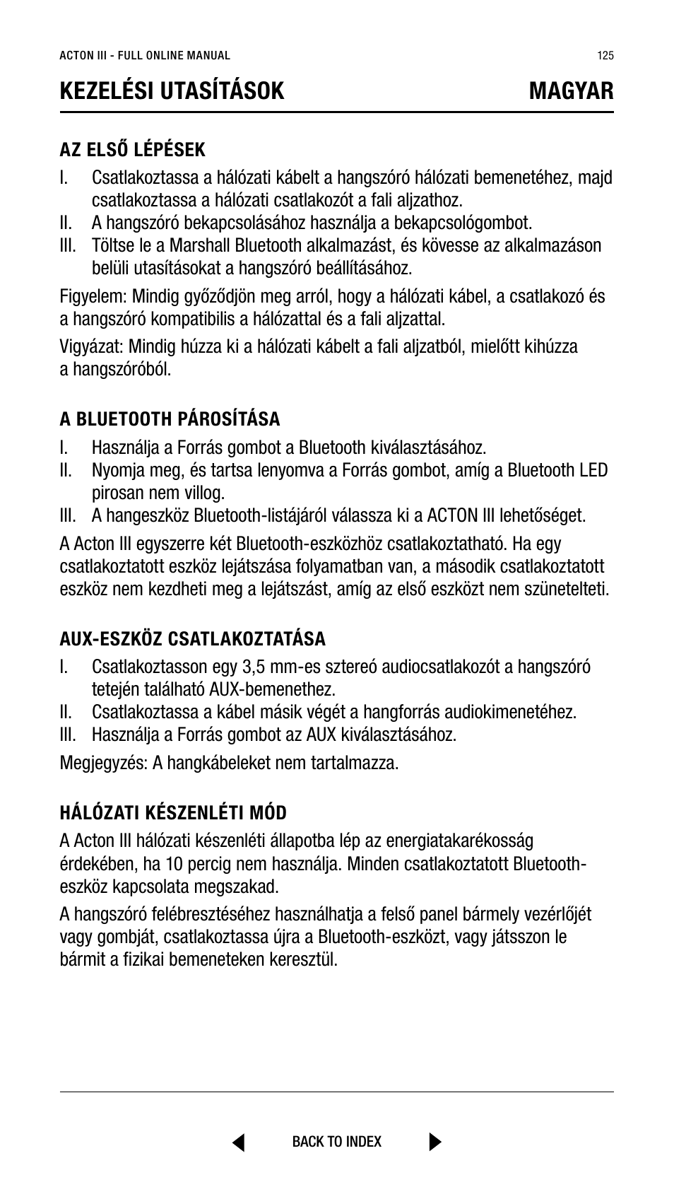 Kezelési utasítások magyar | Marshall Acton III Bluetooth Speaker System (Black) User Manual | Page 125 / 304