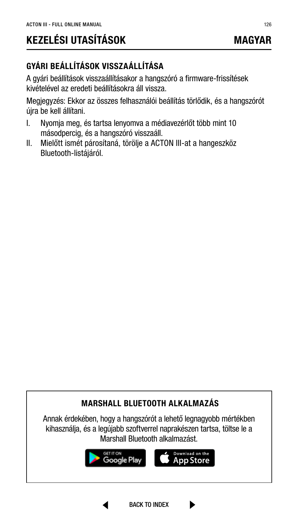 Kezelési utasítások magyar | Marshall Acton III Bluetooth Speaker System (Black) User Manual | Page 126 / 304