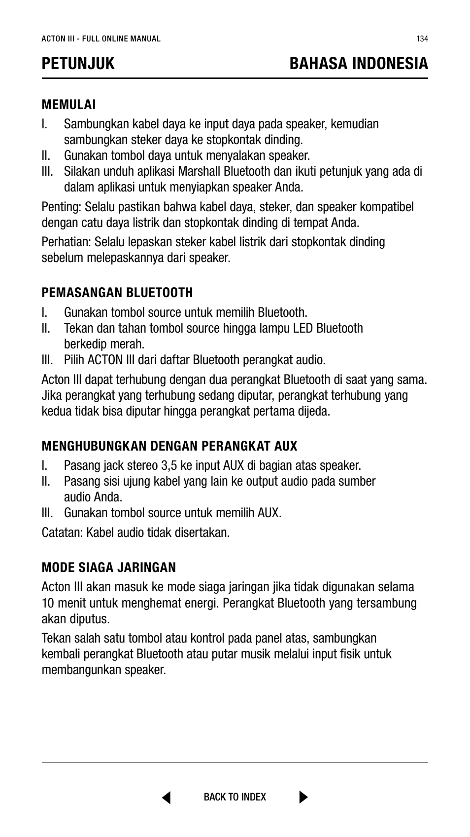 Petunjuk bahasa indonesia | Marshall Acton III Bluetooth Speaker System (Black) User Manual | Page 134 / 304