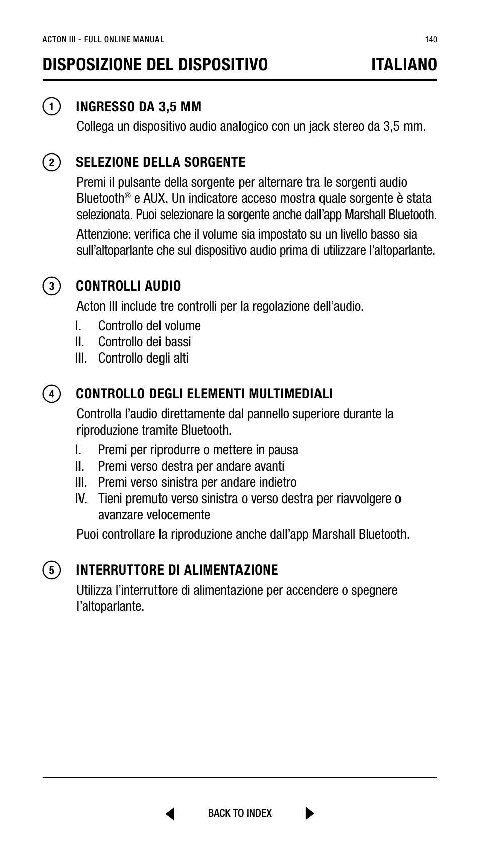 Disposizione del dispositivo italiano | Marshall Acton III Bluetooth Speaker System (Black) User Manual | Page 140 / 304