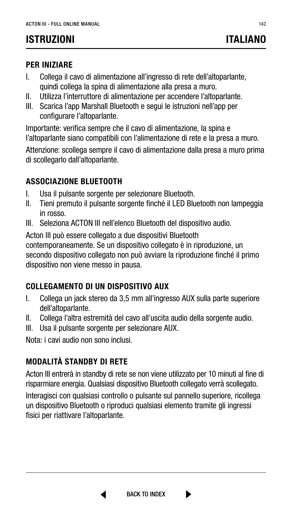 Istruzioni italiano | Marshall Acton III Bluetooth Speaker System (Black) User Manual | Page 142 / 304