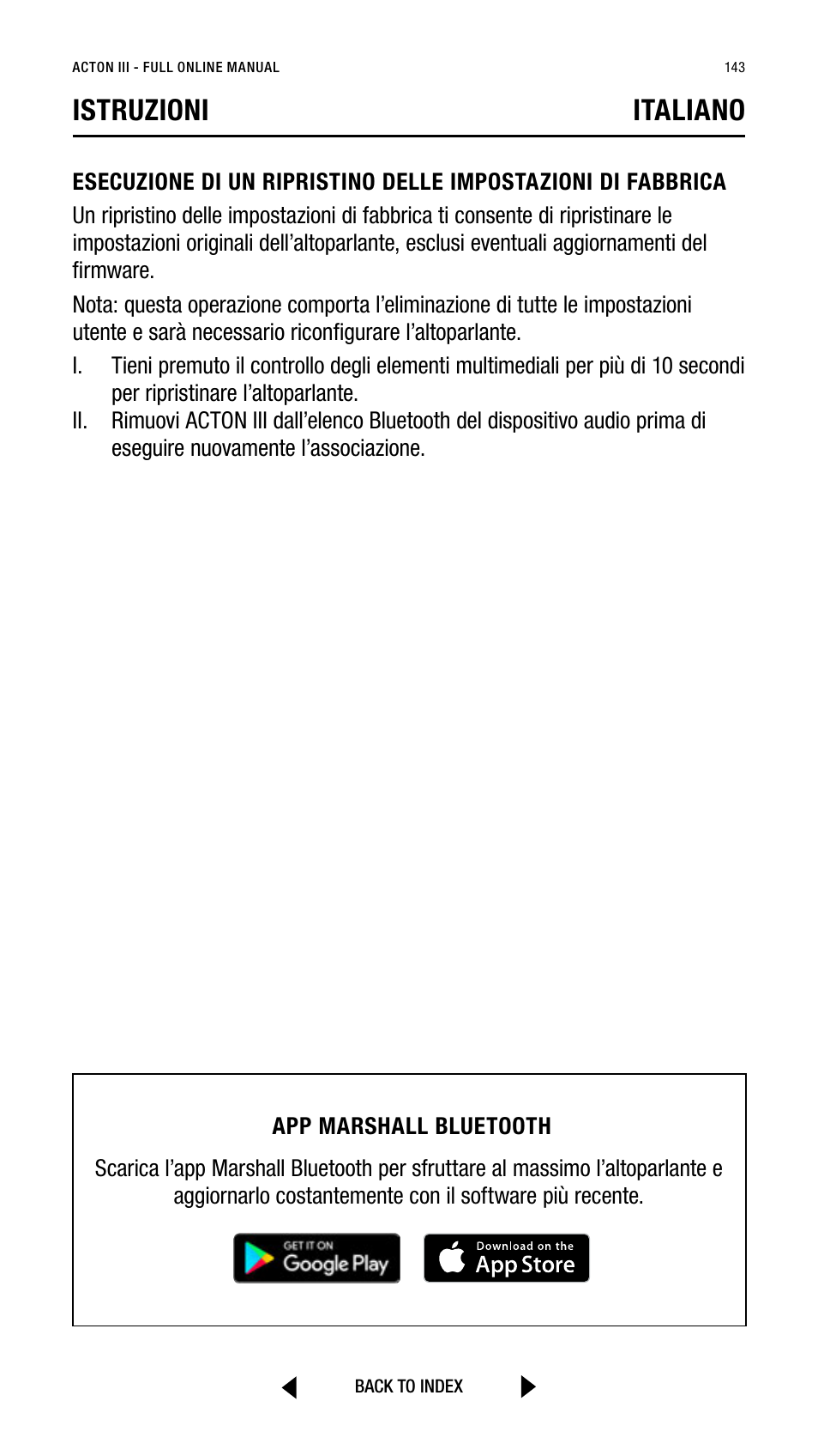 Istruzioni italiano | Marshall Acton III Bluetooth Speaker System (Black) User Manual | Page 143 / 304