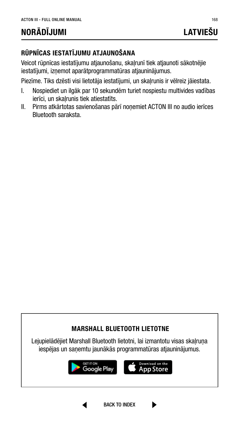 Norādījumi latviešu | Marshall Acton III Bluetooth Speaker System (Black) User Manual | Page 168 / 304