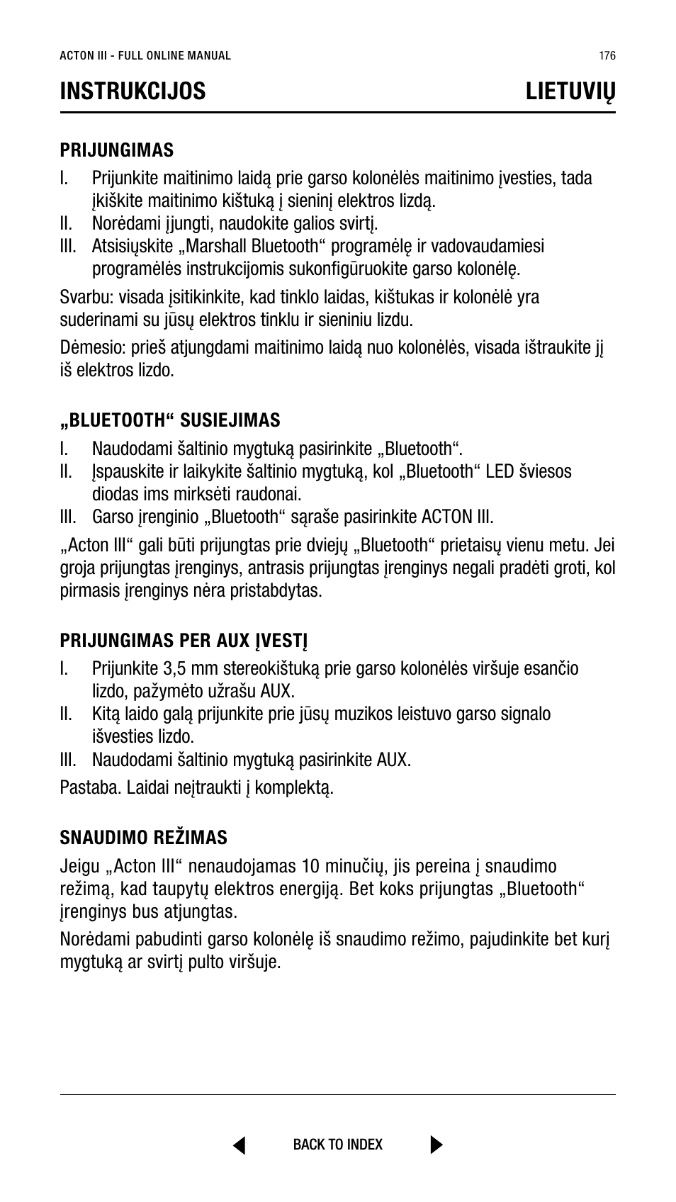 Instrukcijos lietuvių | Marshall Acton III Bluetooth Speaker System (Black) User Manual | Page 176 / 304