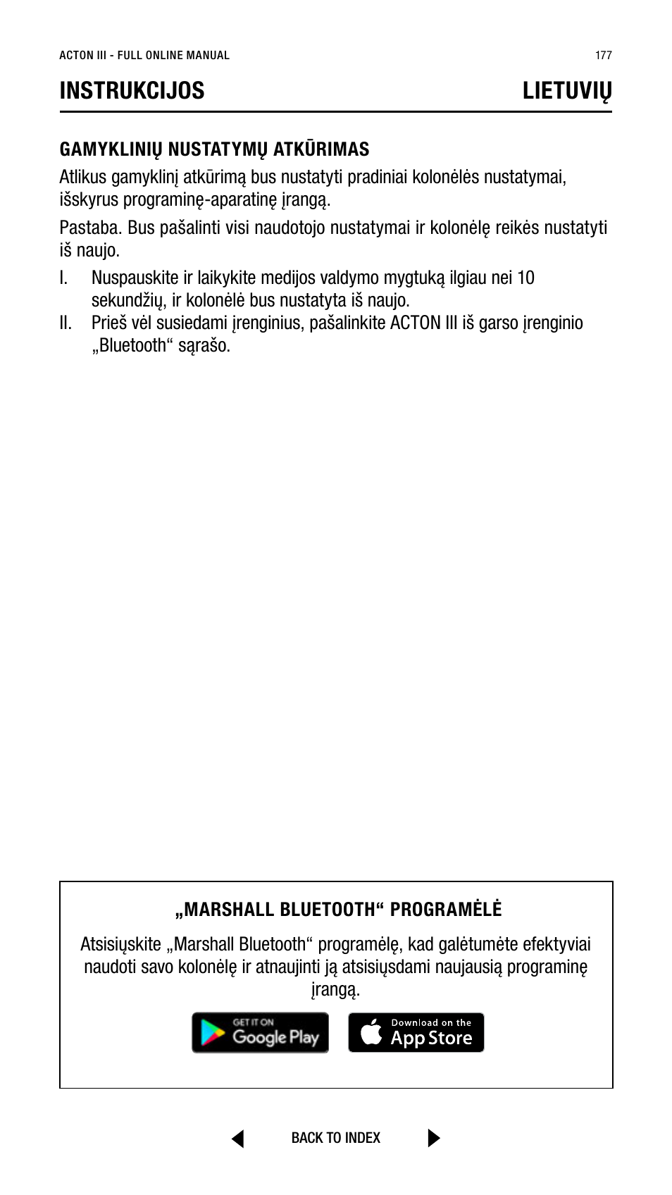 Instrukcijos lietuvių | Marshall Acton III Bluetooth Speaker System (Black) User Manual | Page 177 / 304