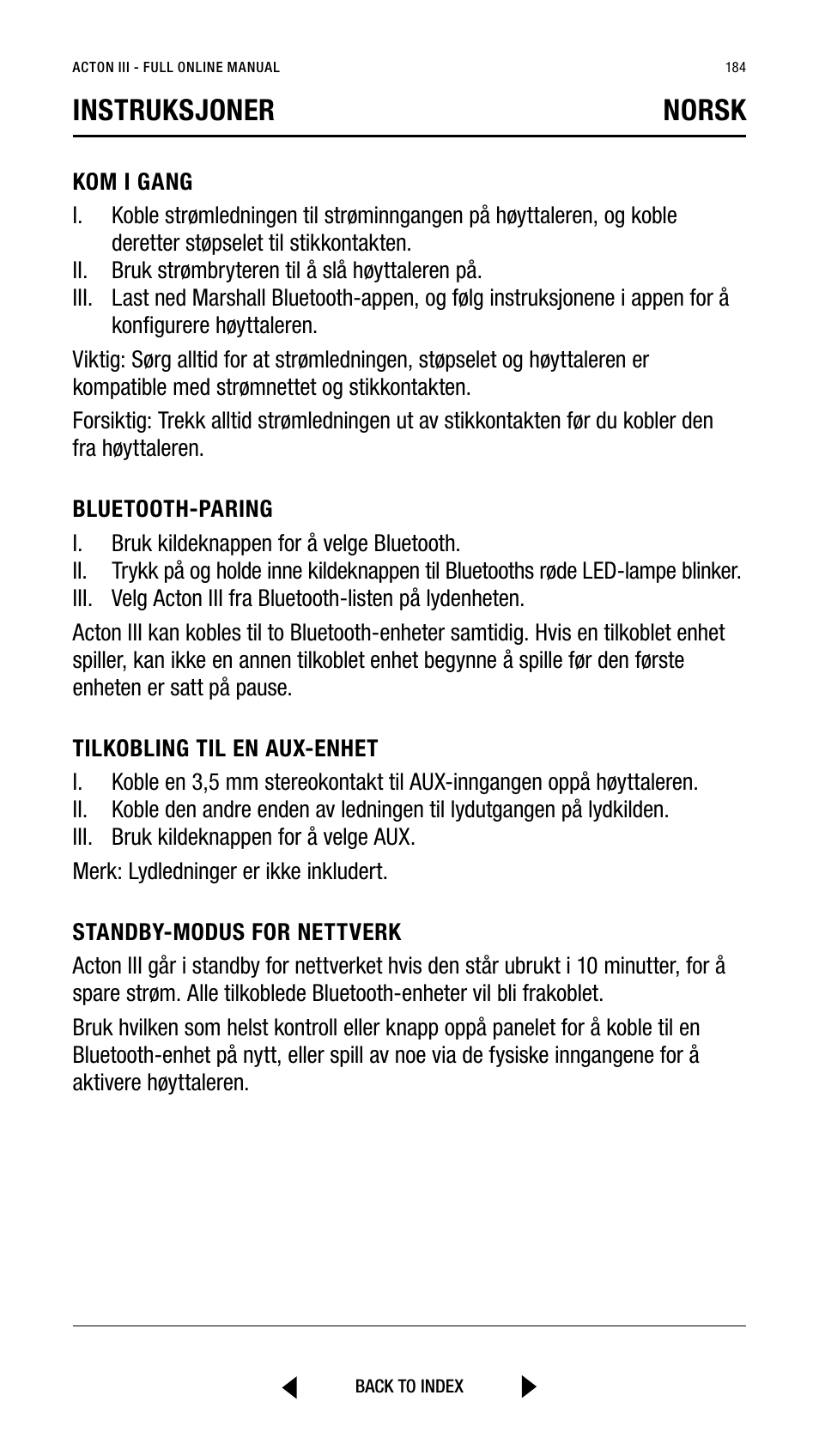 Instruksjoner norsk | Marshall Acton III Bluetooth Speaker System (Black) User Manual | Page 184 / 304