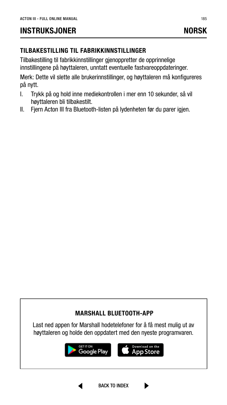 Instruksjoner norsk | Marshall Acton III Bluetooth Speaker System (Black) User Manual | Page 185 / 304