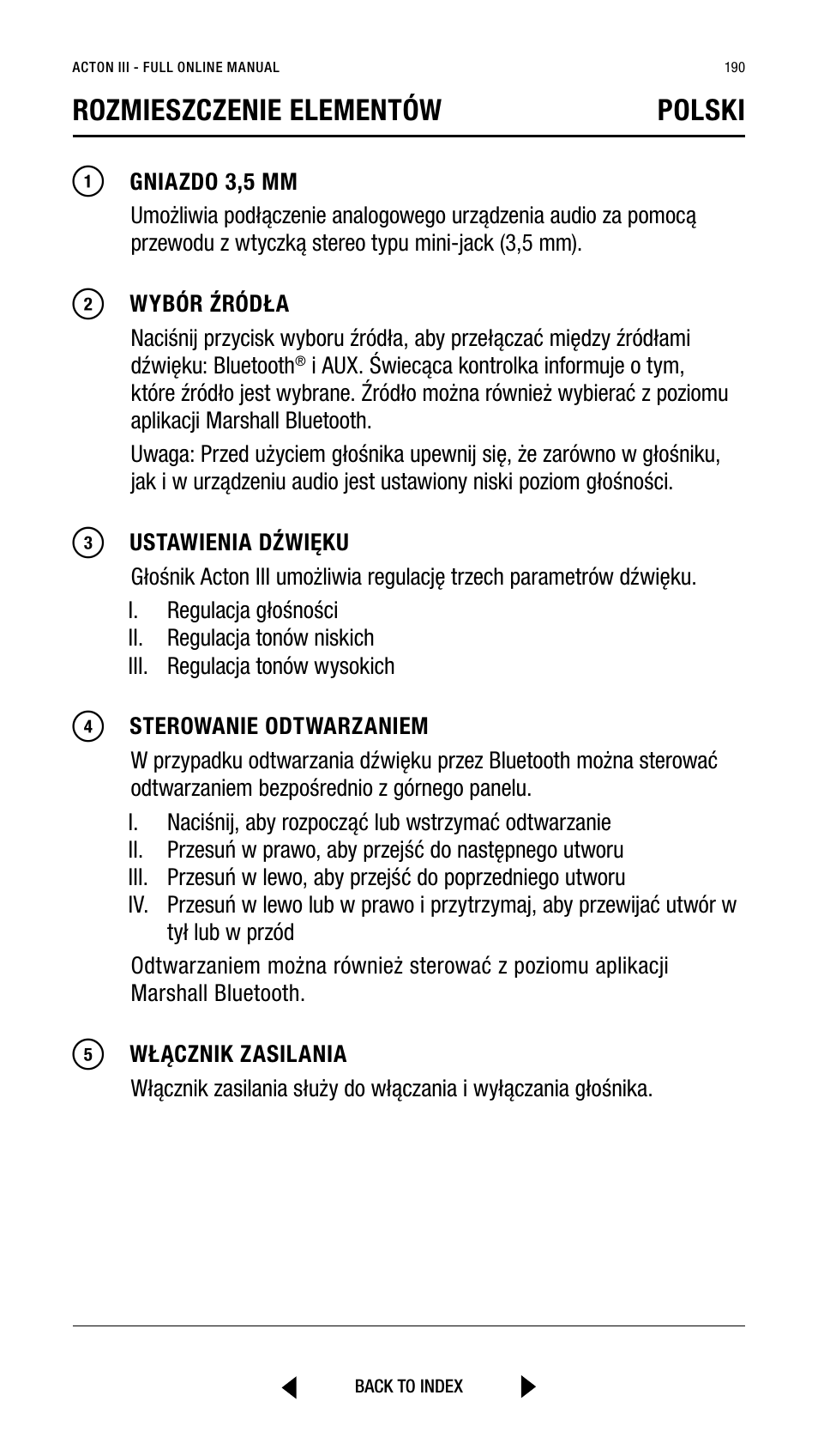 Rozmieszczenie elementów polski | Marshall Acton III Bluetooth Speaker System (Black) User Manual | Page 190 / 304