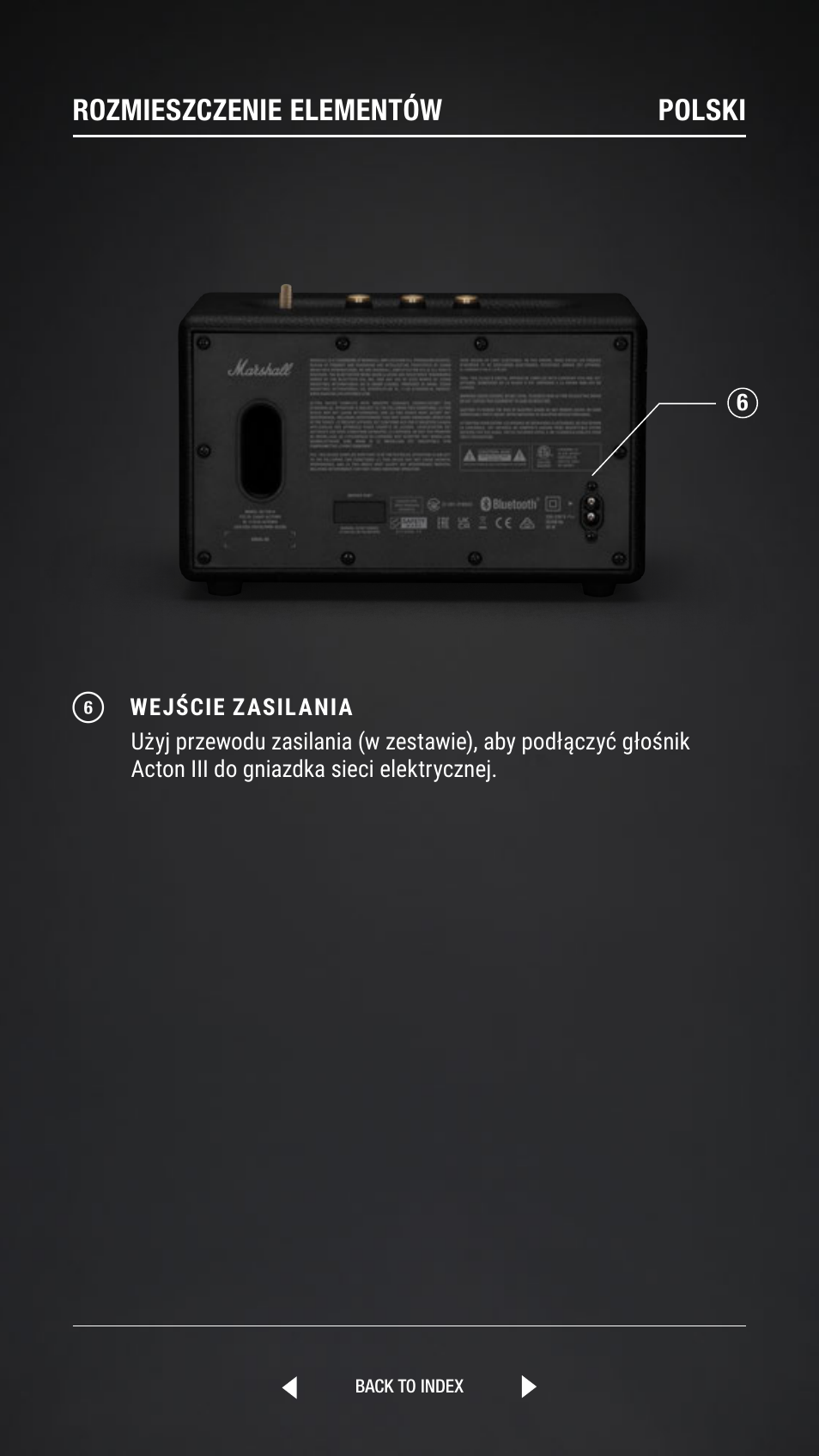 Rozmieszczenie elementów polski | Marshall Acton III Bluetooth Speaker System (Black) User Manual | Page 191 / 304