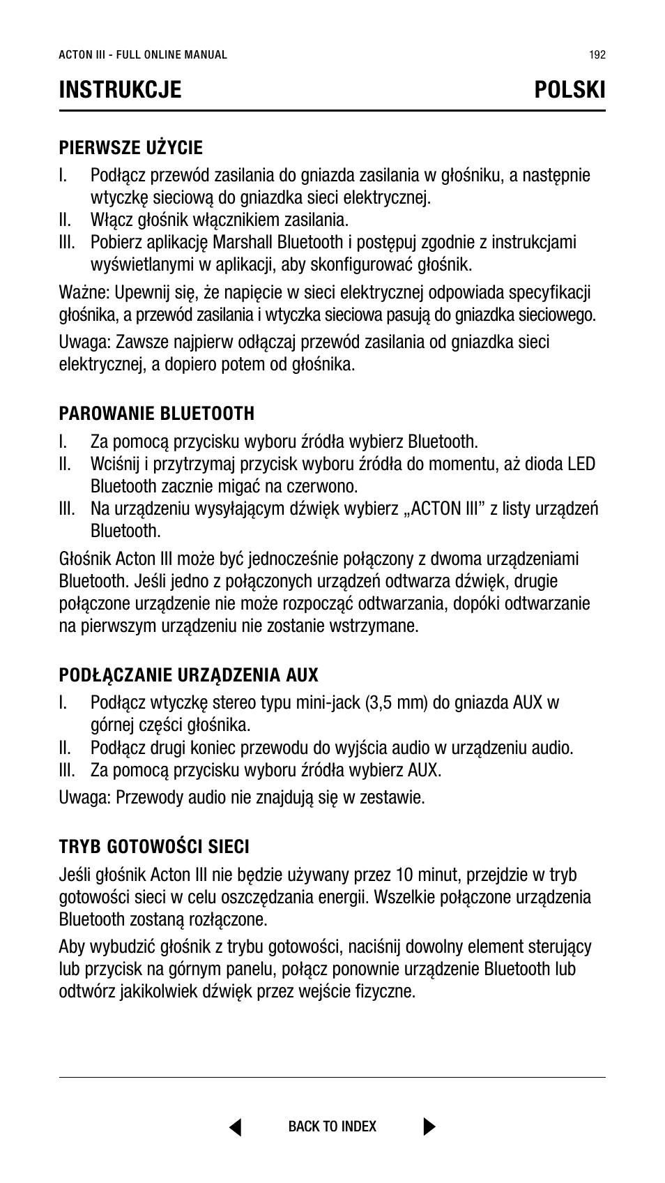 Instrukcje polski | Marshall Acton III Bluetooth Speaker System (Black) User Manual | Page 192 / 304