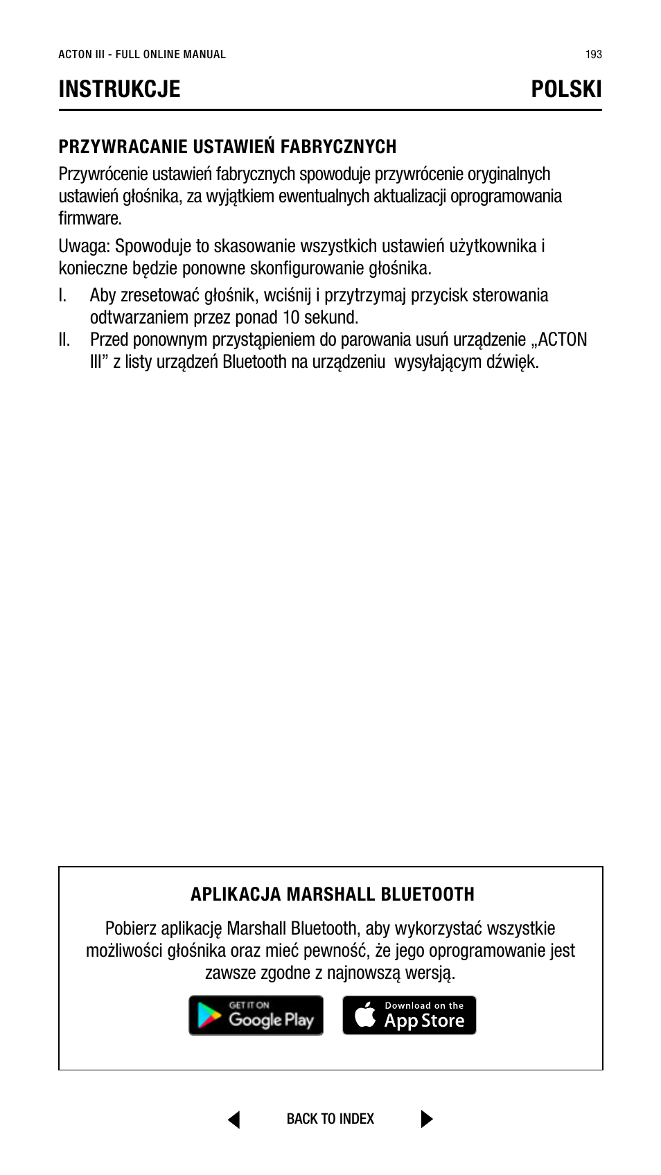 Instrukcje polski | Marshall Acton III Bluetooth Speaker System (Black) User Manual | Page 193 / 304