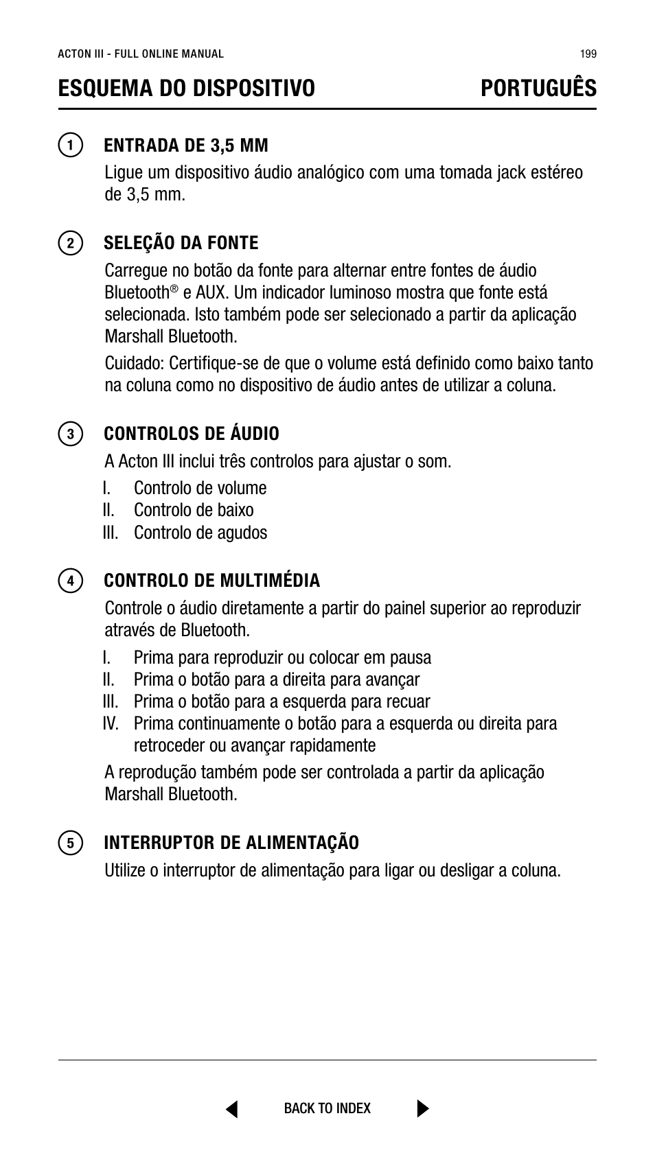 Esquema do dispositivo português | Marshall Acton III Bluetooth Speaker System (Black) User Manual | Page 199 / 304