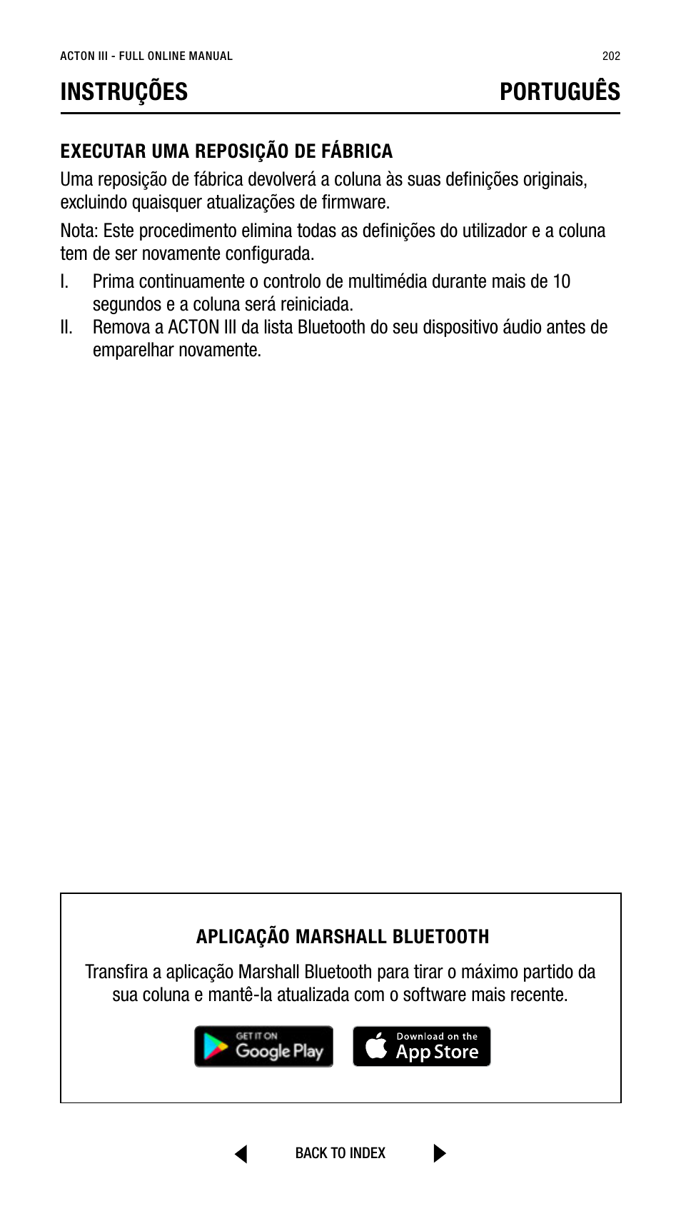 Instruções português | Marshall Acton III Bluetooth Speaker System (Black) User Manual | Page 202 / 304