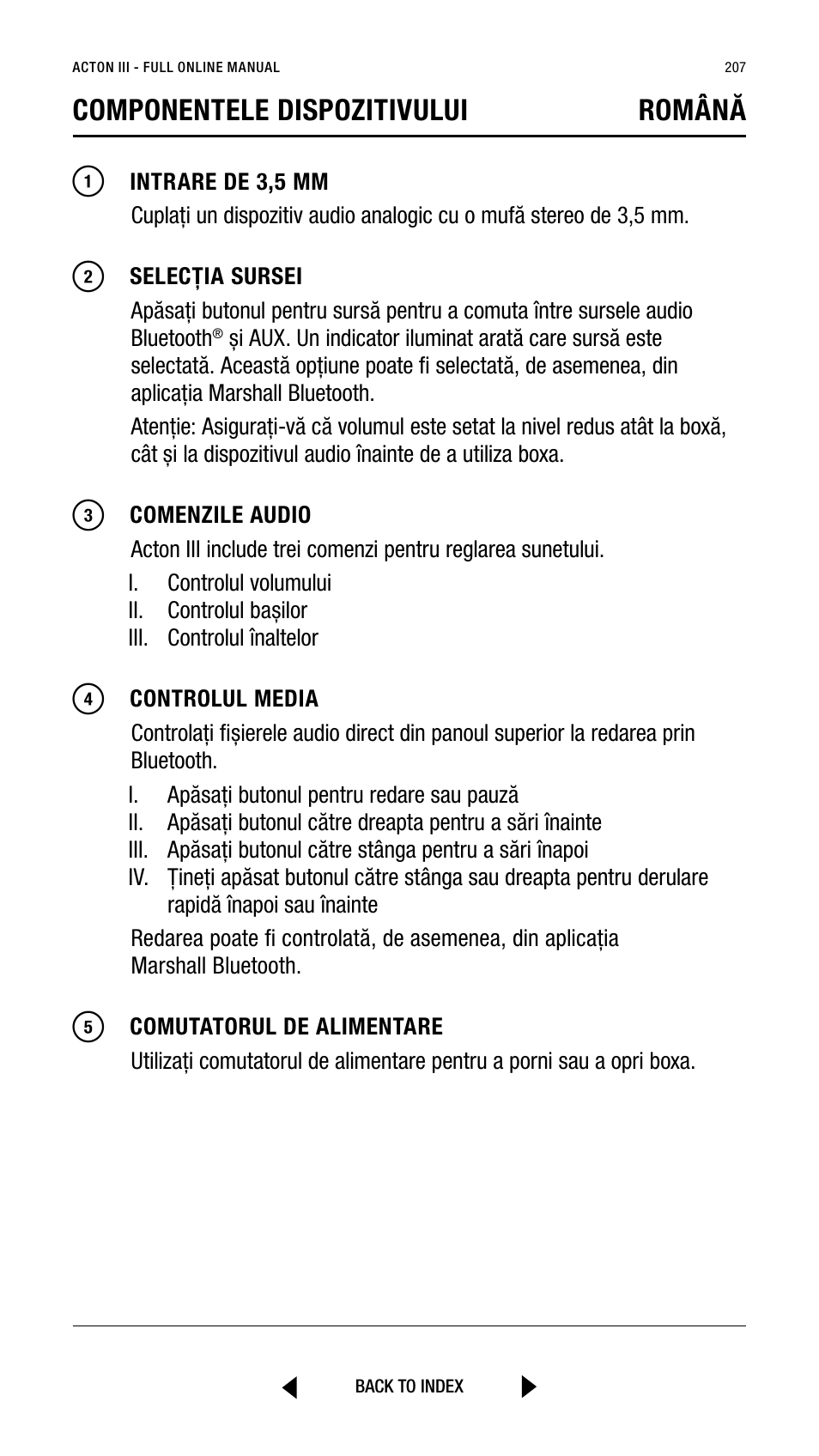 Componentele dispozitivului română | Marshall Acton III Bluetooth Speaker System (Black) User Manual | Page 207 / 304