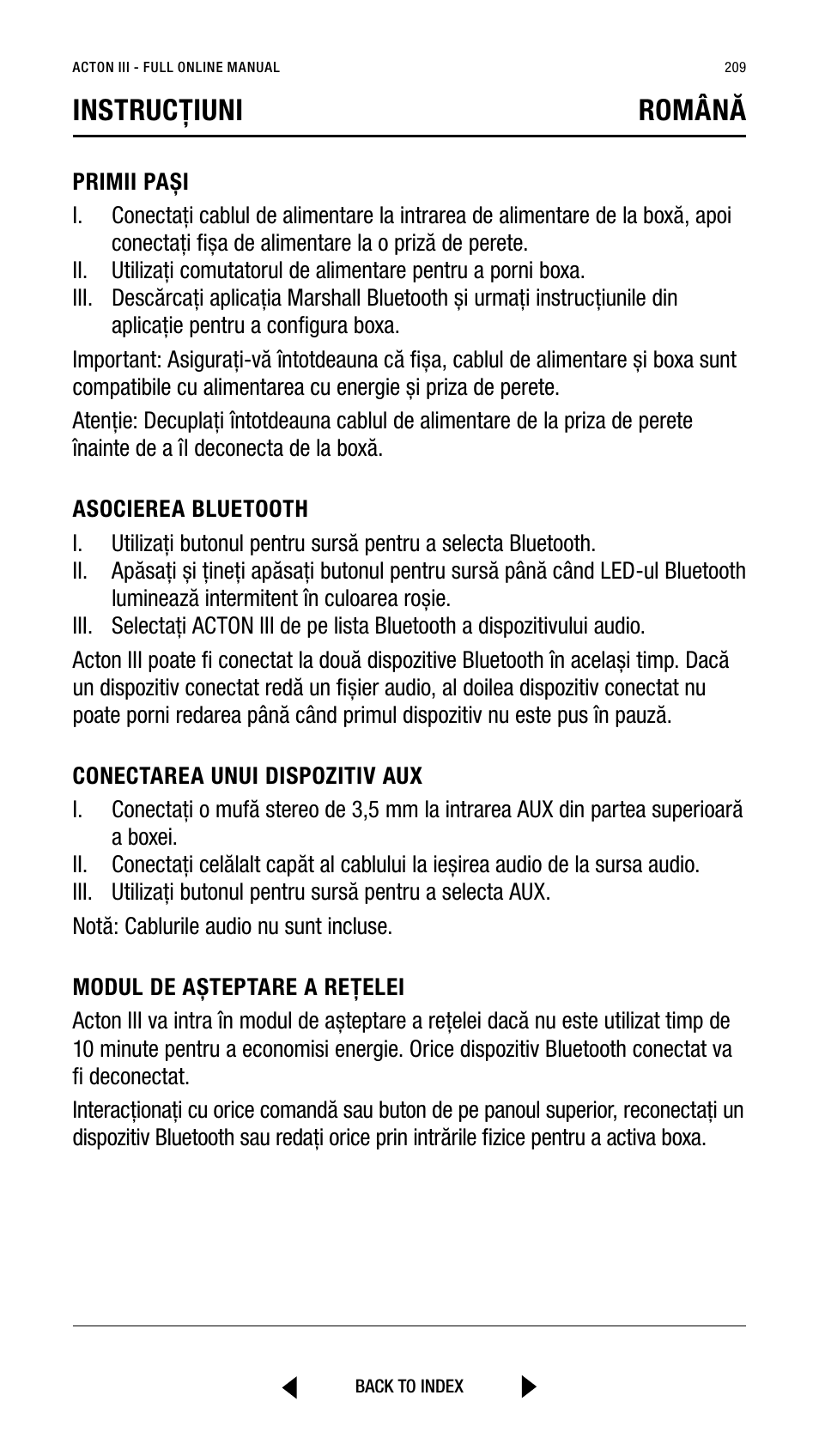 Instrucțiuni română | Marshall Acton III Bluetooth Speaker System (Black) User Manual | Page 209 / 304