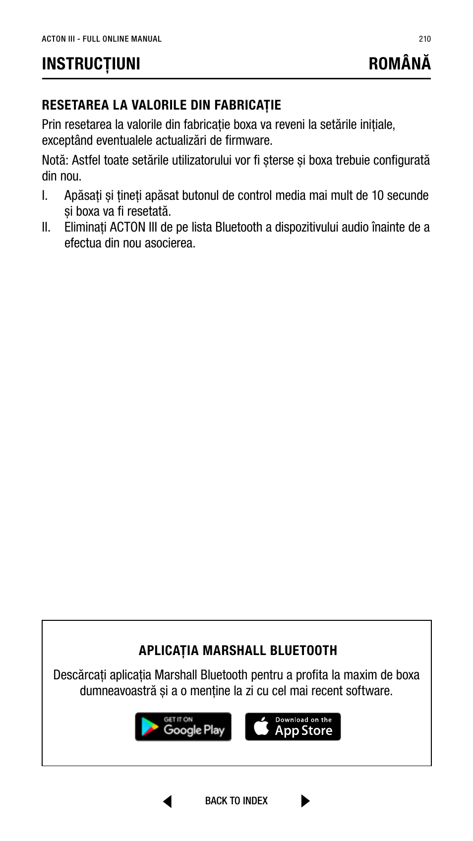 Instrucțiuni română | Marshall Acton III Bluetooth Speaker System (Black) User Manual | Page 210 / 304