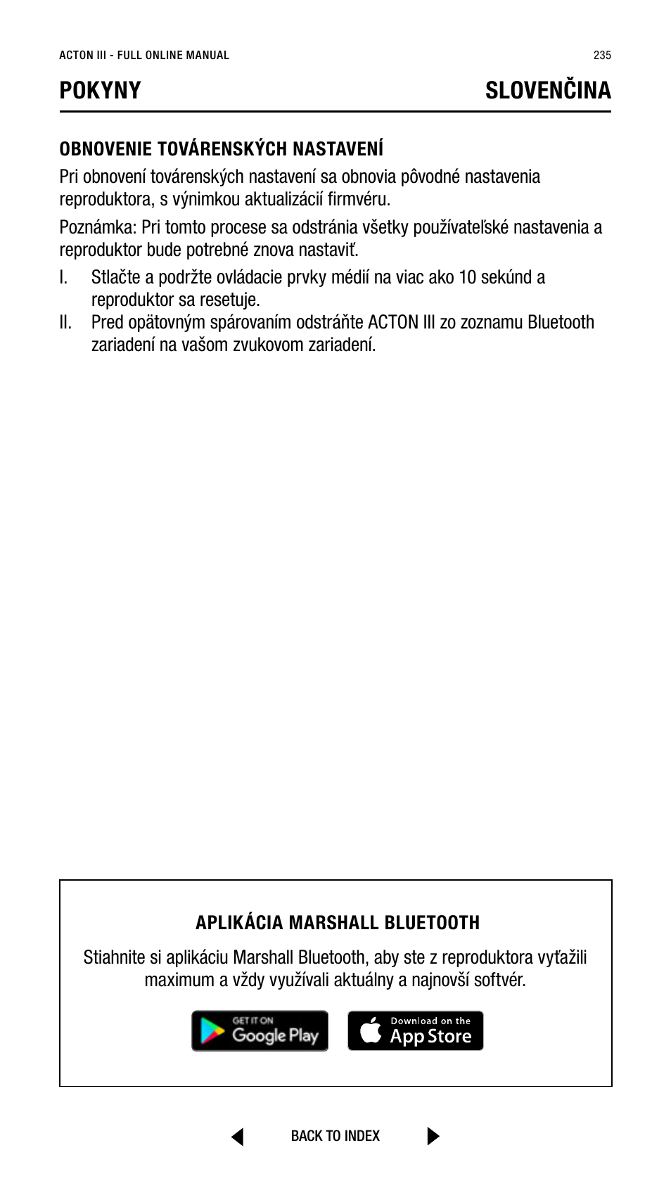 Pokyny slovenčina | Marshall Acton III Bluetooth Speaker System (Black) User Manual | Page 235 / 304