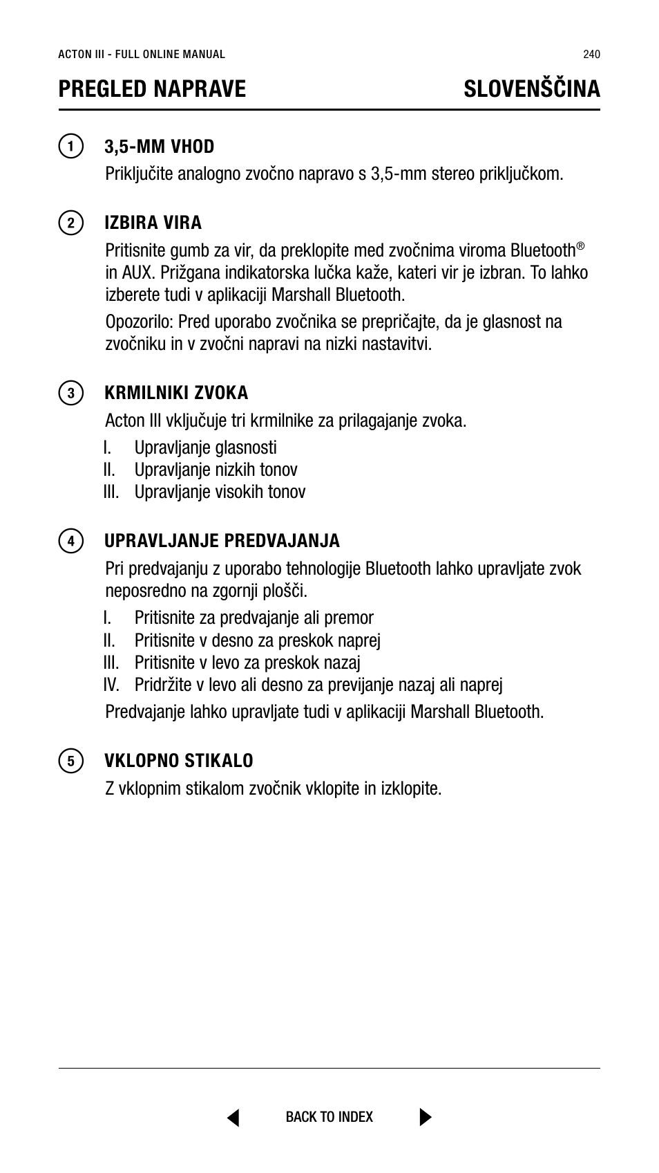 Pregled naprave slovenščina | Marshall Acton III Bluetooth Speaker System (Black) User Manual | Page 240 / 304