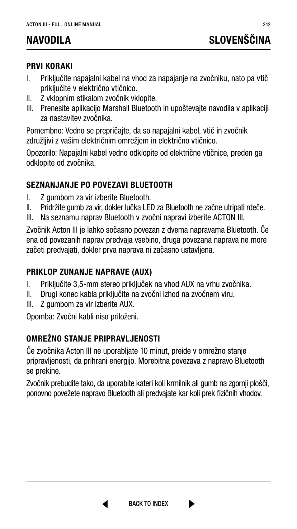 Navodila slovenščina | Marshall Acton III Bluetooth Speaker System (Black) User Manual | Page 242 / 304