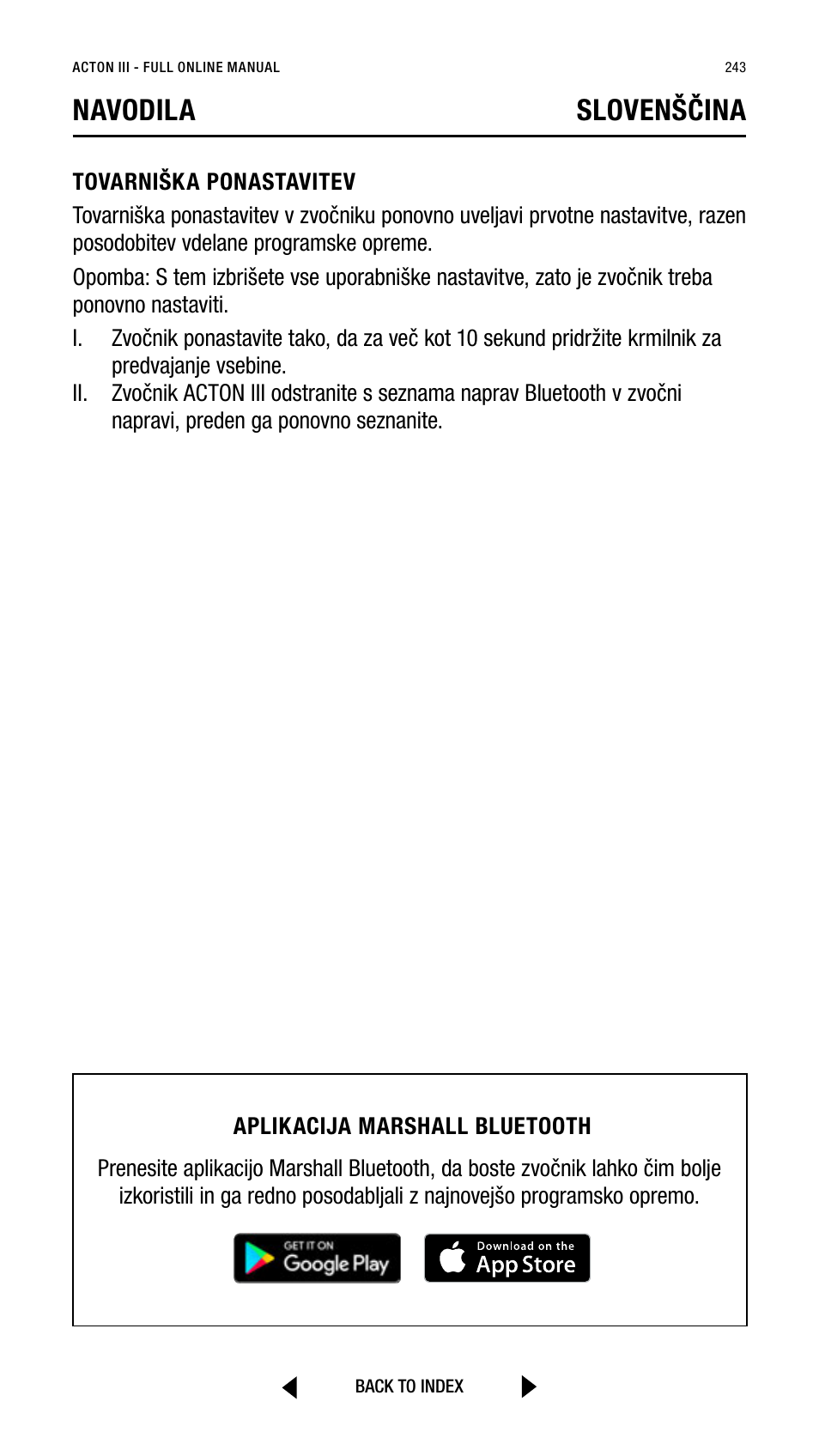 Navodila slovenščina | Marshall Acton III Bluetooth Speaker System (Black) User Manual | Page 243 / 304